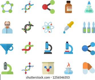 Color flat icon set fertilizer flat vectory, funnel vector, molecules, vial, pipette, microscope, ampoule, DNA, molecule, atom, gas burner, scientist, pills