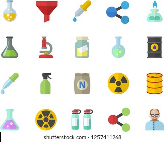 Color flat icon set fertilizer flat vectory, pulverizer vector, chemistry, oil tanks, radiation, funnel, molecules, pipette, medical analysis, ampoule, flask, microscope, gas burner, scientist