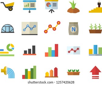 Color flat icon set fertilizer flat vectory, planting plants vector, hose irrigation, garden wheelbarrow, seedlings, greenhouse, chart, statistics, scatter, statistic, point diagram, career ladder