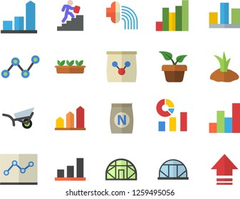 Color flat icon set fertilizer flat vectory, home plant vector, planting plants, hose irrigation, garden wheelbarrow, seedlings, greenhouse, chart, statistics, scatter, statistic, point diagram