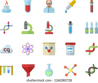 Color flat icon set fertilizer flat vectory, carbon dioxide vector, funnel, vial, pipette, blood test, microscope, ampoule, DNA, flask, molecule, atom, gas burner, scientist, beakers