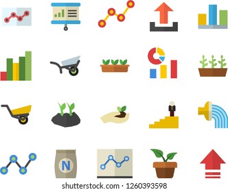 Color flat icon set fertilizer flat vectory, home plant vector, seedlings, planting plants, hose irrigation, garden wheelbarrow, chart, statistics, scatter, statistic, point diagram, career ladder