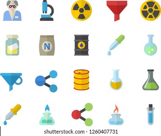 Color flat icon set fertilizer flat vectory, chemistry vector, oil tanks, radiation, funnel, molecules, pipette, medical analysis, flask, microscope, gas burner, scientist, beakers