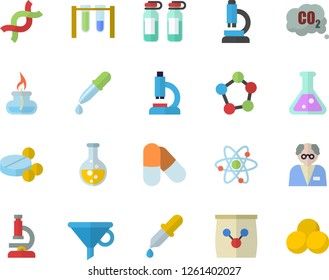 Color flat icon set fertilizer flat vectory, chemistry vector, carbon dioxide, funnel, pills, pipette, microscope, ampoule, DNA, molecules, flask, atom, gas burner, scientist, beakers