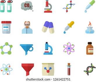Color flat icon set fertilizer flat vectory, carbon dioxide vector, funnel, pills, vial, pipette, blood test, microscope, ampoule, molecule, atom, gas burner, scientist, dna