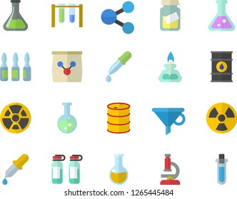 Color flat icon set fertilizer flat vectory, chemistry vector, oil tanks, radiation, funnel, molecules, pipette, medical analysis, ampoule, flask, microscope, gas burner, beakers