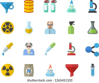 Color flat icon set fertilizer flat vectory, pulverizer vector, chemistry, oil tanks, radiation, funnel, molecules, pipette, medical analysis, ampoule, microscope, gas burner, scientist, beakers