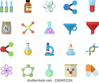Color flat icon set fertilizer flat vectory, chemistry vector, funnel, molecules, vial, blood test, microscope, ampoule, DNA, flask, molecule, atom, gas burner, pills