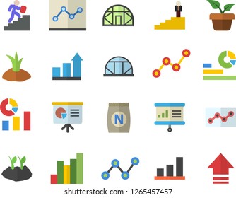 Color flat icon set fertilizer flat vectory, home plant vector, planting plants, greenhouse, chart, statistics, scatter, point diagram, career ladder, presentaition board, achievement, upload
