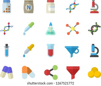 Color flat icon set fertilizer flat vectory, funnel vector, molecules, pills, pipette, blood test, DNA, molecule, microscope, gas burner, beakers, vitamins