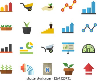 Color flat icon set fertilizer flat vectory, home plant vector, seedlings, hose irrigation, garden wheelbarrow, greenhouse, chart, statistics, scatter, career ladder, presentaition board, upload