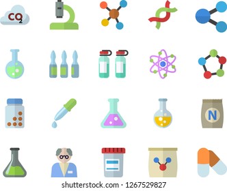 Color flat icon set fertilizer flat vectory, chemistry vector, carbon dioxide, molecules, vial, pipette, microscope, ampoule, DNA, flask, atom, scientist, vitamins, pills