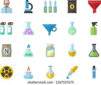 Color flat icon set fertilizer flat vectory, pulverizer vector, chemistry, oil tanks, radiation, funnel, pipette, medical analysis, ampoule, flask, microscope, gas burner, scientist, beakers