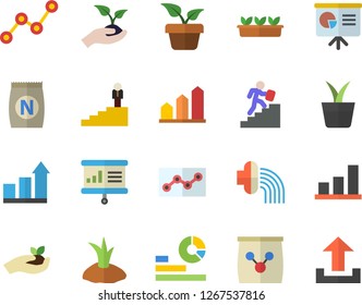 Color flat icon set fertilizer flat vectory, home plant vector, seedlings, planting plants, hose irrigation, statistics, scatter chart, point diagram, career ladder, presentaition board, achievement