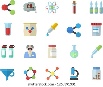 Color flat icon set fertilizer flat vectory, carbon dioxide vector, funnel, molecules, vial, pipette, blood test, ampoule, flask, molecule, microscope, atom, scientist, vitamins