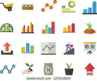 Color flat icon set fertilizer flat vectory, home plant vector, seedlings, planting plants, garden wheelbarrow, greenhouse, chart, statistics, scatter, statistic, point diagram, career ladder