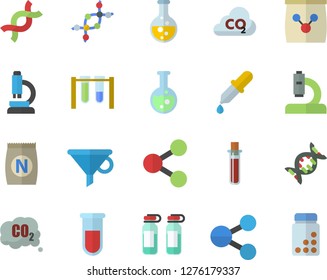 Color flat icon set fertilizer flat vectory, chemistry vector, carbon dioxide, funnel, molecules, pipette, blood test, microscope, ampoule, DNA, flask, beakers, vitamins