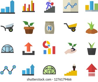 Color flat icon set fertilizer flat vectory, home plant vector, seedlings, planting plants, garden wheelbarrow, greenhouse, chart, statistics, scatter, statistic, point diagram, career ladder
