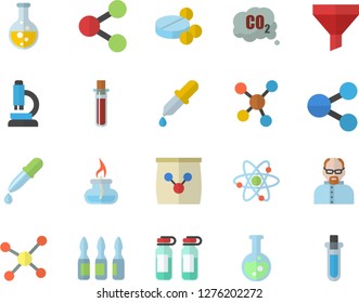 Color flat icon set fertilizer flat vectory, chemistry vector, carbon dioxide, funnel, molecules, pills, pipette, blood test, ampoule, flask, molecule, microscope, atom, gas burner, scientist