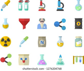 Color flat icon set fertilizer flat vectory, chemistry vector, oil tanks, radiation, funnel, molecules, pipette, medical analysis, ampoule, flask, microscope, gas burner, scientist, beakers