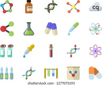 Color flat icon set fertilizer flat vectory, chemistry vector, carbon dioxide, molecules, pills, vial, pipette, blood test, ampoule, DNA, molecule, atom, beakers