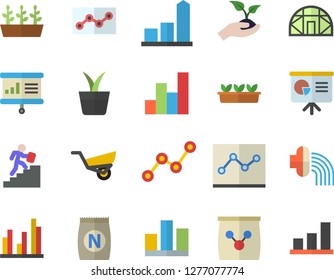 Color flat icon set fertilizer flat vectory, home plant vector, seedlings, hose irrigation, garden wheelbarrow, greenhouse, chart, scatter, statistic, point diagram, career ladder