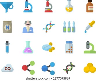 Color flat icon set fertilizer flat vectory, chemistry vector, carbon dioxide, funnel, molecules, pills, vial, pipette, microscope, ampoule, DNA, flask, scientist, beakers, vitamins