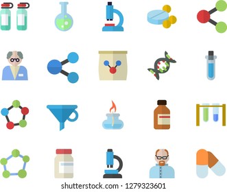 Color flat icon set fertilizer flat vectory, funnel vector, molecules, pills, vial, microscope, ampoule, flask, molecule, gas burner, scientist, beakers, dna, vitamins