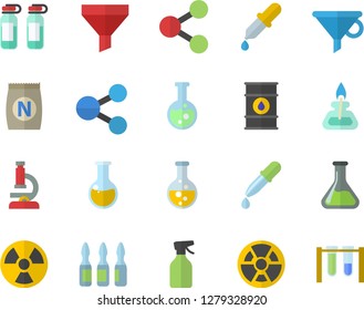 Color flat icon set fertilizer flat vectory, pulverizer vector, chemistry, oil tanks, radiation, funnel, molecules, pipette, medical analysis, ampoule, flask, microscope, gas burner, beakers