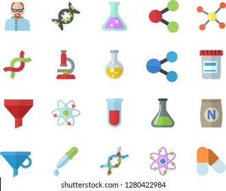 Color flat icon set fertilizer flat vectory, chemistry vector, funnel, molecules, vial, pipette, blood test, DNA, flask, molecule, microscope, atom, scientist, pills