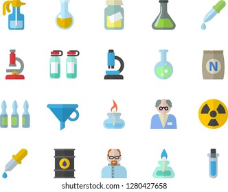Color flat icon set fertilizer flat vectory, pulverizer vector, chemistry, oil tanks, radiation, funnel, pipette, medical analysis, ampoule, flask, microscope, gas burner, scientist, beakers