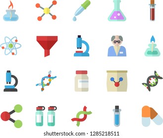 Color flat icon set fertilizer flat vectory, funnel vector, molecules, pipette, blood test, microscope, ampoule, DNA, flask, molecule, atom, gas burner, scientist, beakers, vitamins, pills