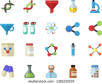 Color flat icon set fertilizer flat vectory, chemistry vector, funnel, molecules, pills, vial, microscope, ampoule, DNA, molecule, atom, scientist, beakers, vitamins