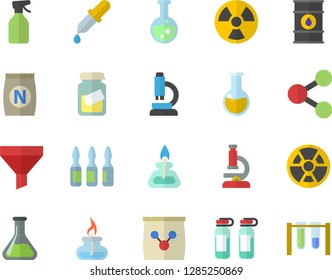 Color flat icon set fertilizer flat vectory, pulverizer vector, chemistry, oil tanks, radiation, funnel, molecules, pipette, medical analysis, ampoule, flask, microscope, gas burner, beakers