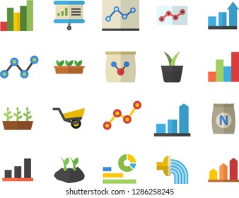 Color flat icon set fertilizer flat vectory, home plant vector, planting plants, hose irrigation, garden wheelbarrow, seedlings, chart, statistics, scatter, point diagram, presentaition board