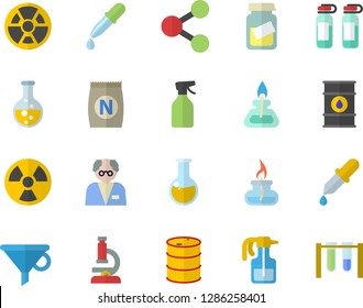 Color flat icon set fertilizer flat vectory, pulverizer vector, chemistry, oil tanks, radiation, funnel, molecules, pipette, medical analysis, ampoule, microscope, gas burner, scientist, beakers
