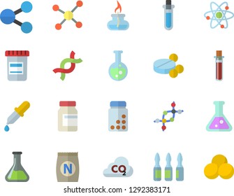 Color flat icon set fertilizer flat vectory, chemistry vector, carbon dioxide, molecules, pills, vial, pipette, blood test, ampoule, DNA, flask, molecule, atom, gas burner, beakers, vitamins