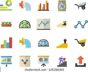 Color flat icon set fertilizer flat vectory, seedlings vector, hose irrigation, garden wheelbarrow, greenhouse, statistics, scatter chart, statistic, point diagram, career ladder, upload