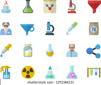 Color flat icon set fertilizer flat vectory, pulverizer vector, chemistry, radiation, funnel, molecules, pipette, medical analysis, flask, microscope, gas burner, scientist, beakers