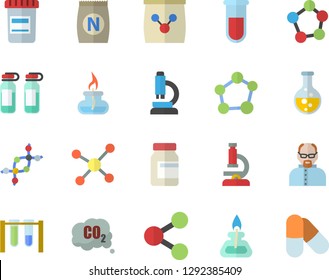 Color flat icon set fertilizer flat vectory, chemistry vector, carbon dioxide, molecules, vial, blood test, ampoule, molecule, microscope, gas burner, scientist, beakers, dna, vitamins, pills