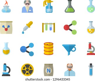 Color flat icon set fertilizer flat vectory, pulverizer vector, chemistry, oil tanks, radiation, funnel, molecules, pipette, medical analysis, flask, microscope, gas burner, scientist, beakers
