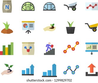 Color flat icon set fertilizer flat vectory, home plant vector, seedlings, planting plants, garden wheelbarrow, greenhouse, chart, scatter, point diagram, career ladder, presentaition board, upload