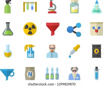 Color flat icon set fertilizer flat vectory, pulverizer vector, chemistry, oil tanks, radiation, funnel, molecules, pipette, medical analysis, ampoule, microscope, gas burner, scientist, beakers