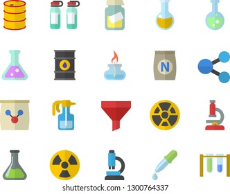 Color flat icon set fertilizer flat vectory, pulverizer vector, chemistry, oil tanks, radiation, funnel, molecules, pipette, medical analysis, ampoule, flask, microscope, gas burner, beakers