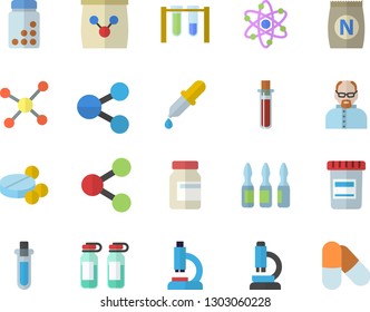 Color flat icon set fertilizer flat vectory, molecules vector, pills, vial, pipette, blood test, microscope, ampoule, molecule, atom, scientist, beakers, vitamins