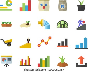 Color flat icon set fertilizer flat vectory, home plant vector, seedlings, planting plants, hose irrigation, garden wheelbarrow, greenhouse, chart, statistics, scatter, statistic, career ladder
