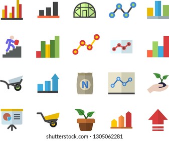 Color flat icon set fertilizer flat vectory, home plant vector, seedlings, garden wheelbarrow, greenhouse, chart, scatter, statistic, point diagram, career ladder, presentaition board, achievement