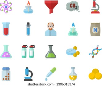 Color flat icon set fertilizer flat vectory, chemistry vector, carbon dioxide, funnel, pills, pipette, blood test, ampoule, DNA, flask, microscope, atom, gas burner, scientist, beakers, vitamins