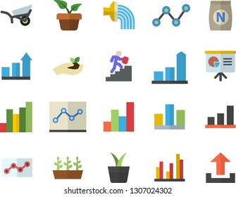 Color flat icon set fertilizer flat vectory, home plant vector, seedlings, hose irrigation, garden wheelbarrow, chart, scatter, statistic, point diagram, career ladder, presentaition board, upload