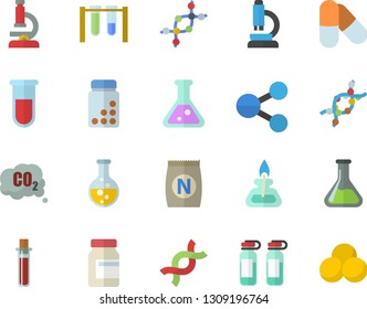 Color flat icon set fertilizer flat vectory, chemistry vector, carbon dioxide, molecules, blood test, ampoule, DNA, flask, microscope, gas burner, beakers, vitamins, pills